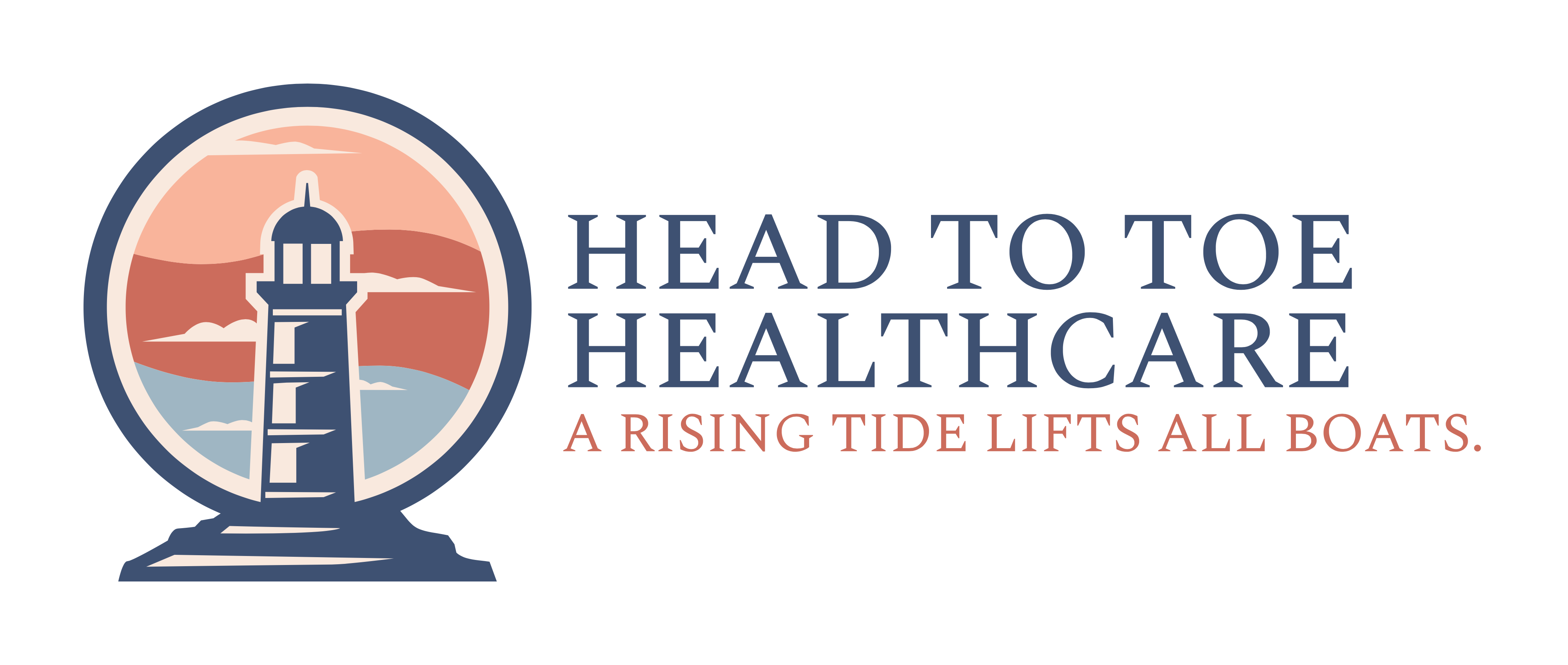 Head to Toes Healthcare Logo that depicts a lighthouse in front of a sunset